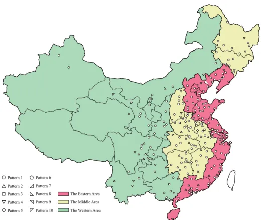 Figure 1. The Distribution of Cities in Three Main Economic Areas  Table 8. The Distribution of Urbanization Patterns in Three Main Economic Areas 