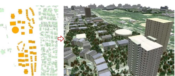 Figure 7. Proposed layout for the town and an automatically generated 3D urban model: terrace houses  sharing green spaces in large courtyard, laid out for viewing Nagoya castle 