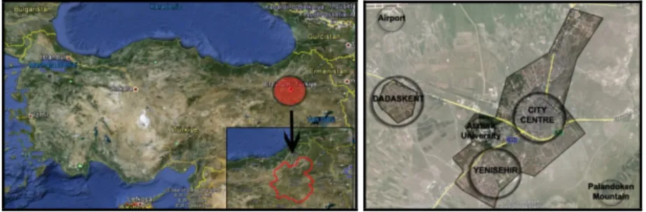 Figure 1-2. Location of Erzurum and Case Study Areas: City Centre, Yenisehir, Dadaskent 