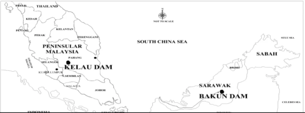 Figure 1. Project locations for the Bakun Hydroelectric Project (BHP) and Kelau Dam   Project (KDP) of Malaysia