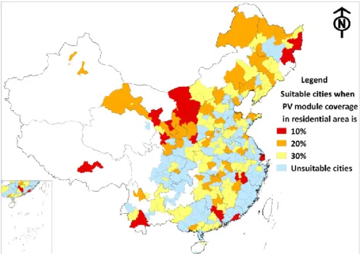 Figure 9. Suitable cities when PV module covers a certain area of rooftop in residential areas 