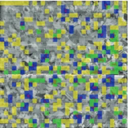 Fig. 7 Example of prediction results on #761 wafer image (10 wafers, 10 epochs, random); green TP, blue FN, yellow FP, no-mark TN.