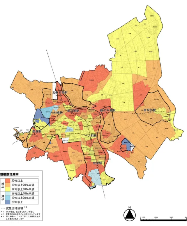 図  町丁目別世帯数増減率（平成 11 年－平成 21 年） 【出典：住民基本台帳】 