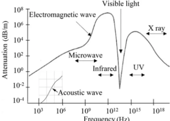 Fig. 1 Attenuations of electromagnetic wave including visible light and acoustic waves in water.