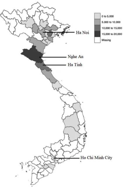 Figure 4: Place of Vietnamese migrant workers in foreign destinations from  the top labor-sending provinces in 2016 