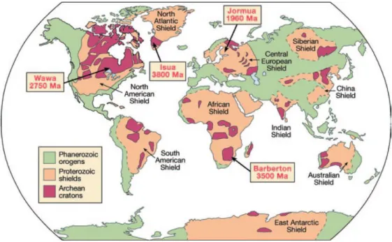 Figure  2.  Global  map  showing  the  distribution  of  Precambrian  shields  and  cratons  (map  adopted from  Marshak,  2005)