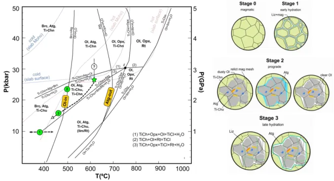 Figure  20.  P-T  diagram  of  Ti-Chn  and  Ti-Chu  (modified  from    Shen  et  al.,  2015  )  showing  the  metamorphic  P-T  path  of  ISB  Lens  B  metadunites  which  involves  different  stages  of hydration  and dehydration