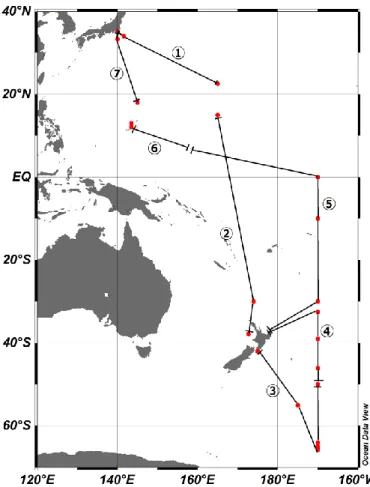 Figure 13 Track of RV Hakuho-maru during the cruise KH14-06. Separatrices mark the start and end  points of each sample during the cruise
