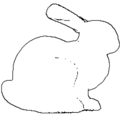 図 2.5(a) は、ポリゴンの法線方向をテクスチャに書き込み、ポリゴンにマッピン グした際の画像である。このマッピングした画像をもとに輪郭を検出する。輪郭を 検出する画像処理の手法は、デプスバッファを利用する方法と同様に、Laplacian フィルタや Sobel フィルタによる輪郭検出を用いる。図 2.5(b) は、図 2.5(a) に Sobel フィルタの処理を施すことで輪郭を検出し、輪郭線を描画した画像である。 最後に、バッファ上にある図 2.4(b) のようなデプスバッファによる画像と、図 2.