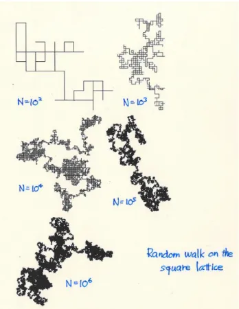 図 3.11: 正方格子上のランダムウォーク． という式が得られる．これをひとつの粒子の拡散みて，P (r, n) をその位置 r での存 在確率と考えれば，一歩進むに要する時間が ∆t ならば，n = t/∆t だから (3.48) 式 は，普通の拡散方程式 ∂P (r, t) ∂t = D ∇ 2 P (r, t) (3.49) となり，拡散係数 D は D ≡ a 2 ∆t 6 (3.50) と表される．(3.48) 式の，端が原点にあること P (r, 0) = δ(0) (3.51) を境界条件に