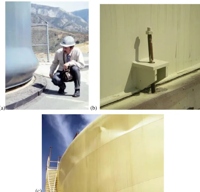 Fig. 1.1. Common damage modes: (a) Elephant-foot buckling, (b) Inelastic stretching of an  anchor bolt at the tank base (c) Sloshing damage to the upper shell of the tank  (adapted from 