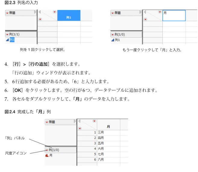 図 2.3 列名の入力 4. ［行］ > ［行の追加］を選択します。 「行の追加」ウィンドウが表示されます。 5. 6 行追加する必要があるため、「 6 」と入力します。 6