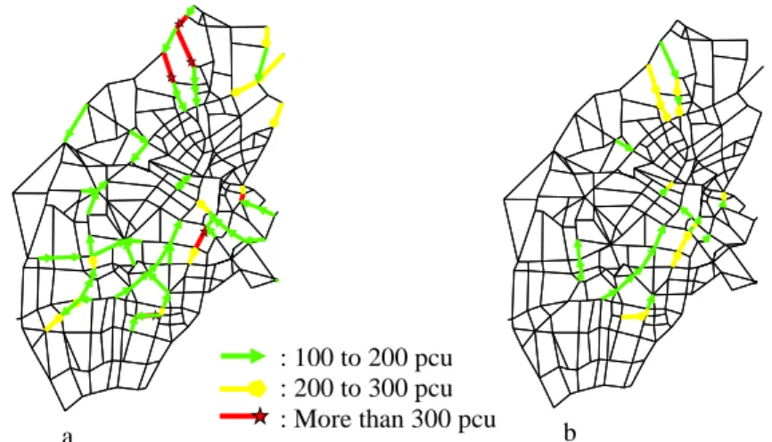 Figure 3 Residual link flows between periods of Kanazawa road network. (a) From period 2