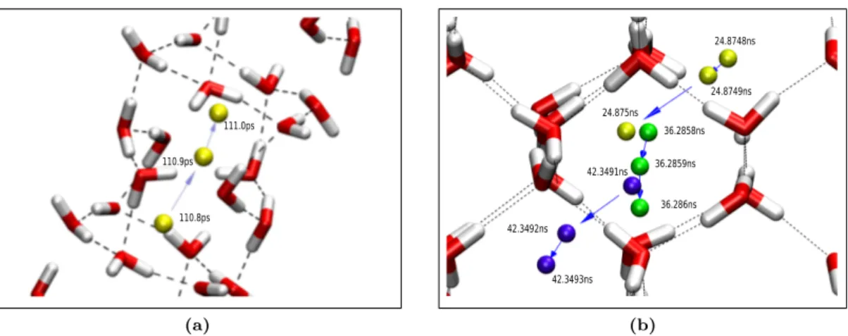 Fig. 2. Diffusion mechanism of a tagged hydrogen molecule in (a) hydrate C 1 viewed along ice II basal plane and (b) hydrate C 2 drawn parallel to (110) plane of ice Ic