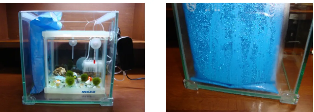 図 2.6 こちらの水槽も大水槽として使えます。フタの使い勝手が良く なかったで、自分でアクリル板を切って新しいフタを作りました。右の 写真は結露が発生している様子。 以上の水槽は価格はお手頃ですが、「ちょっとダサいぞ」という風に思 う方は、自己責任で探して頂いて良いのですが、 大水槽と小水槽のサイズ はよく調べて買ってください。また、保冷材が入るように、大水槽と小水 槽のサイズの差は、ある程度余裕があった方が良いと思います。 最後に、この節の方法でマリモの水槽を日光に当てる場合のデメリット について説明し