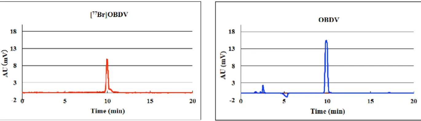 Figure 8 : HPLC charts for the retention time of [ 77 Br]OBDV and reference OBDV. 