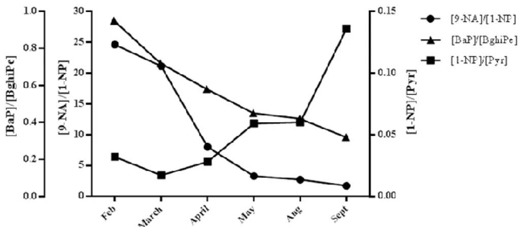Fig. 5 Monthly diagnostic ratios of [9-NA]–[1-NP], [1-NP]–[Pyr], and [BaP]–[BghiPe]. 