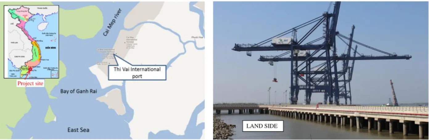Figure 4.1. Location of the site and photo of the berth area after completion in 2013  In this part, wave matching analysis (WMA) of the DLTs at initial driving and re-striking  of  the  TSC1  and  TSP1  are  conducted  using  a  numerical  approach  devel