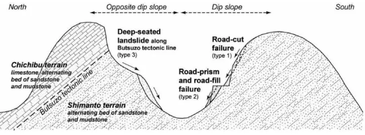 Fig． ２ Schematic illustration showing characteristic features of slope failures in and around the Gongenyama abandoned forest after clear-cutting.