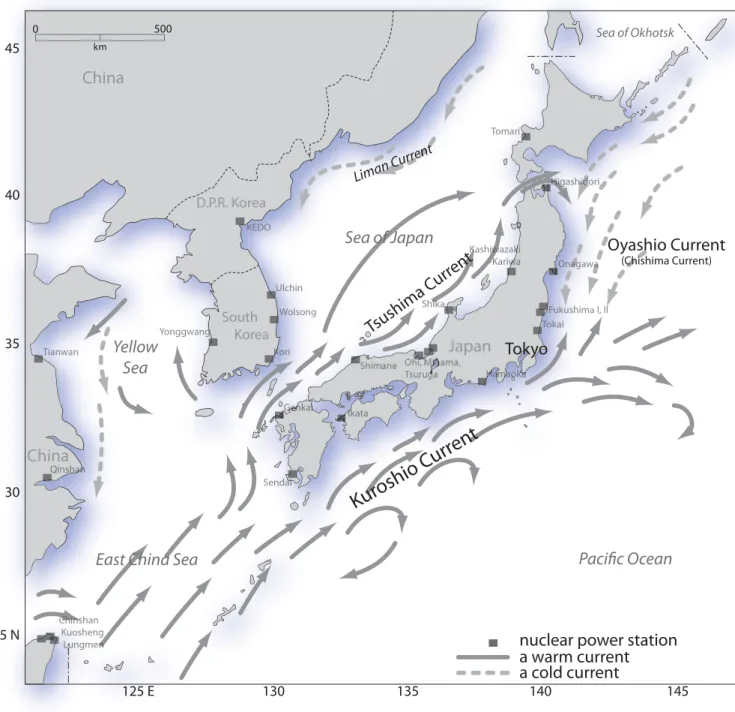 Fig. 1.2  The Janan islands surrounding sea, Sea of Japan, East China Sea, Sea of Okhotsk and Pacific Ocean with the schemitic ocean current flowing patterns.