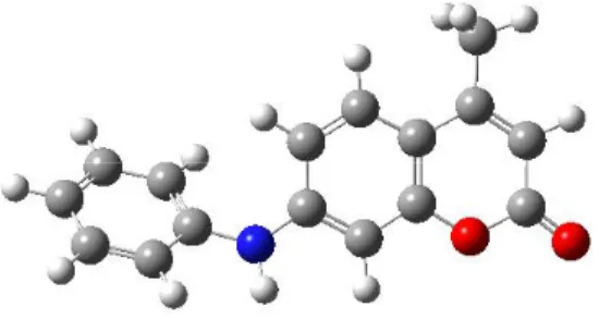 Fig. 24 に示されるように TD-DFT 計算によって求められるエタノール中の Type2-1 の最 適化構造においても、フェニル基はクマリン骨格と共平面とならない。  Fig