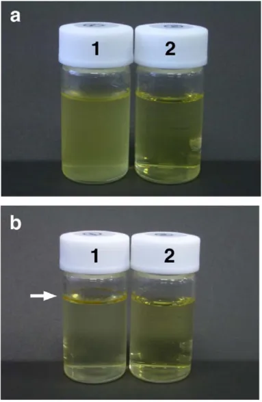 Figure  2-9    Stability  of  0.05  %  of  co-enzyme  Q10  (CoQ10)  solubilized solution;    (a) and (b) are before and after stored at 60 °C for 24 hr;    (1) 1 % of PMB3070, (2) 1 % of PMS5050 (→  represents phase-separated CoQ10).