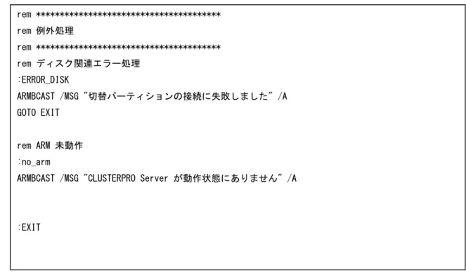 図 2-1  開始スクリプト(start.bat)  の設定例  上記の設定例では、開始スクリプトから、WebSAM LogCollector の業務引継ぎを行うスクリ プトを C:¥recovery.bat として呼び出しています。このスクリプトは、現用系、待機系とも に同一のパスとなるように配置してください。  業務引継ぎを行うスクリプトの設定例を示します。  引継ぎを行う WebSAM LogCollector コンポーネントの違いによって、４つの組み合わせが あります。  フェイルオーバ時に開始スク