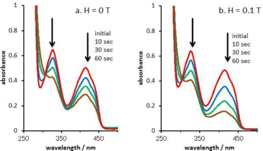 Fig. IV-1    Magnetic field effect on the UV spectral change of aerated SDS  micellar solution of DPBF and AQ: (a) 0 T