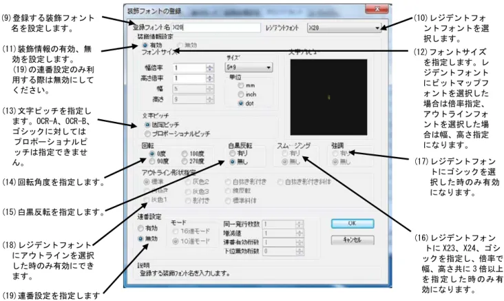 図 1.7.2．「装飾フォントの登録」画面 (9)登録する装飾フォント   名を設定します。  (12)フォントサイズ   を指定します。レ  ジデントフォント  にビットマップフ  ォントを選択した  場合は倍率指定、  アウトラインフォ  ントを選択した場  合は幅、高さ指定  になります。 (13)文字ピッチを指定し   ます。OCR-A、OCR-B、   ゴシックに対しては プロポーショナルピ ッチは指定できませ   ん。 (14)回転角度を指定します。 (18)レジデントフォント   にアウトライ