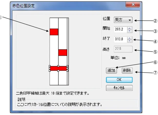 図 1.6.3 赤色位置設定画面  ①用紙上をマウスでドラッグすることで、赤色位置を設定します。    ②～④は設定した領域を修正するときに使用します。  ②位置を両方、左、右のいずれかに修正するときに設定します。  ③赤色領域の上端の位置を設定します。  ④赤色領域の下端の位置を設定します。  ⑤上端と下端から、高さを計算して表示します。  ⑥選択した領域を追加するときにクリックします。  ⑦選択した領域を削除するときにクリックします。  ② ③ ④ ⑤ ⑥ ⑦ ①