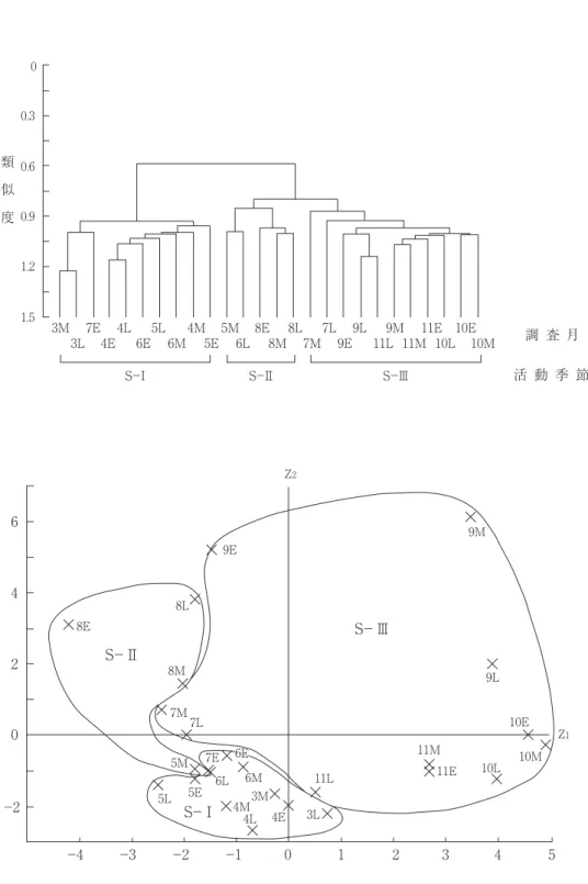 図 3 　 チョウ相（目撃総個体数 5 以上の28種）からみた調査季節の類似性.　上段：群分析（C δ ʼ），下段と対応させて 三つの活動季節（S－Ⅰ～Ⅲ）に分類．下段：上段と対応した各調査季節群集の主成分得点の分布（累積寄与率 ＝41.8％）．E：上旬，M：中旬，L：下旬.00.30.60.91.21.53M 7E 4L5L 4M 5M 8E 8L 7L 9L 9M 11E 10E3L 4E6E6M5E6L8M7M 9E11L11M10L 10M 調 査 月 活 動 季 節類似度S−ⅠS−ⅡS−ⅢZ2Z1