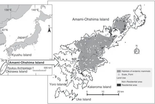 Fig. 1. Map of collection points of feral-cat scats, mainly in the habitats of endemic mammals, on Amami–Ohshima Island in this study.
