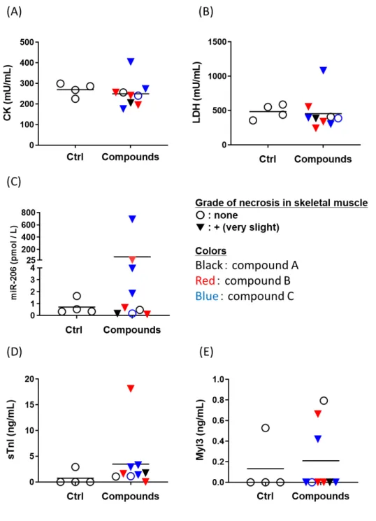 Fig. 4. Changes in the levels of circulating CK (A), LDH (B), miR-206 (C), sTnI (D) and Myl3 (E) levels 