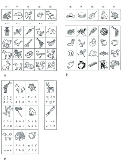 Figure 2. Example of children’s reading test (Syllabification,  Syllable extraction and Written language character recognition) Syllabification: Given a picture of an object and its number of  syllables, choose the picture of the object whose name has the 