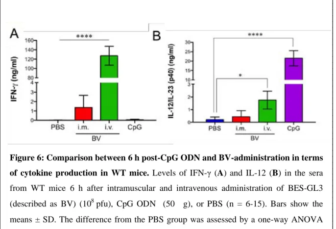 Figure 6: Comparison between 6 h post-CpG ODN and BV-administration in terms  of  cytokine  production  in  WT  mice