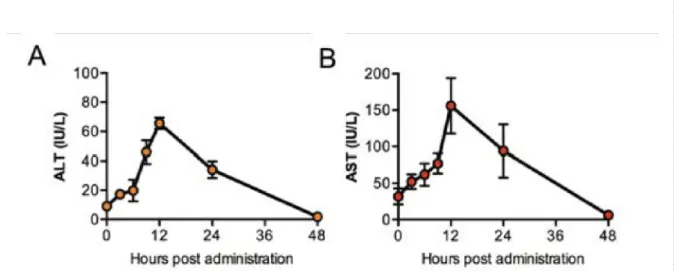 Figure  8:  Kinetics  of  liver  damage  markers  (ALT  and  AST).  Kinetics  of  liver  damage  markers,  ALT  (A)  and  AST  (B),  in  the  sera  at  different  timepoints  post-BV  intravenous  administration  (10 7  pfu)  (n  =  6)