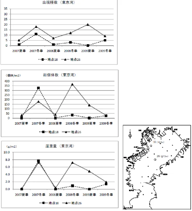 図 17  東京湾の底生生物の出現種数・総個体数・湿重量の経年変化（平成 19 年（2007 年）~  平成 21 年（2009 年））。右の地図は調査点の位置を表す。 