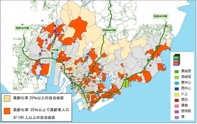 図 3-8  普段利用する公共施設・金融機関等の校区別利用頻度  図 3-9  普段利用する公共施設・金融機関等の利用頻度の校区別割合 高齢化率 25％以上の自治会区 高齢化率 25％以上で高齢者人口が 100 人以上の自治会区 高齢化率 25％以上の自治会区 高齢化率 25％以上で高齢者人口が 100 人以上の自治会区 