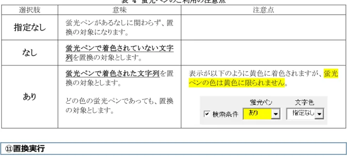表  4  蛍光ペンのご利用の注意点  選択肢  意味  注意点  指定なし  蛍光ペンがあるなしに関わらず、置 換の対象になります。 なし  蛍光ペンで着色されていない文字 列を置換の対象とします。  あり  蛍光ペンで着色された文字列を置換の対象とします。  どの色の蛍光ペンであっても、置換 の対象とします。  表示が以下のように黄色に着色されますが、蛍光ペンの色は黄色に限られません。  ⑪置換実行  表示中の辞書設定で、1~12 の辞書の順番に、設定された条件にて一括置換を実行します。  置換に用いら