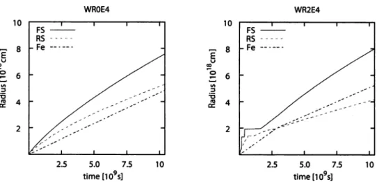 Fig. 4. Development of the forward shock (FS), the reverse shock (RS) and the surface of the Fe layer for models of WR0E4 (left panel) and WR2E4 (right panel)