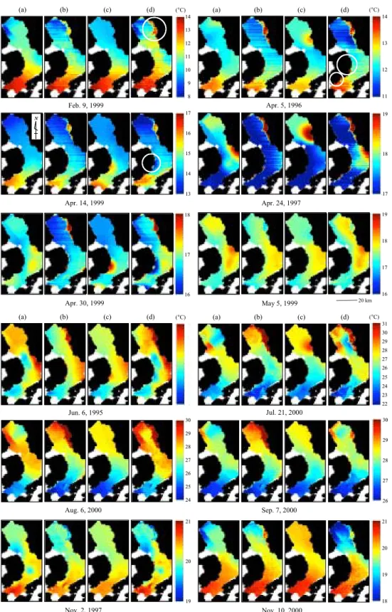 Fig. 4. Comparison of four sea surface temperature distributions constructed by (a) ordinary kriging of the measurement data, (b) multivariate regression analysis using LANDSAT TM thermal band data, (c) ordinary kriging of the estimated temperatures at the