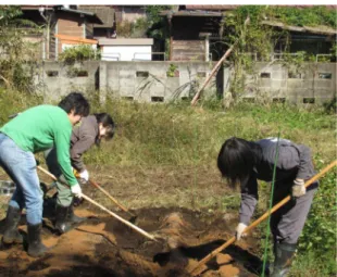図 5. 近隣保育園による教職ファームでの畑体験活動（ 2012 年 4 月） へのニーズが急速に高まっている。すでに東 京農工大学農学部では農や環境に関する専門 教育カリキュラムの中で「インタープリテー ション技術」「地域パートナーシップ論」な どこの分野の専門科目が配置されている。さ らに、1999 年度より教職専任教員が配置 され、教育（学習支援）の専門家養成科目が教職科目として配置されていることから、教職科目において農学・環境系ファシリテーター養成プログラムの試験的な導入をはじめている。具体的には、