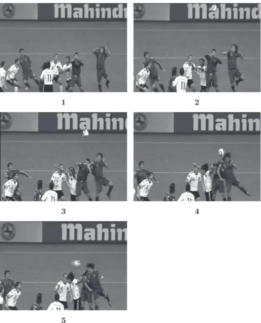 図 2 2010 年ワールドカップ準決勝ドイツ対スペイン戦における，プジョル選手（スペ イン）のヘディングシュートシーン（拡大）．図 1―3 の局面を拡大したものである．13524