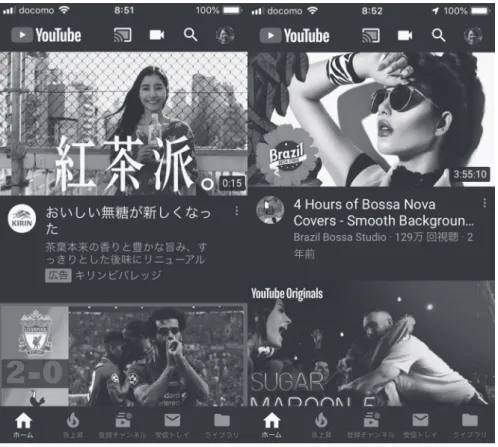 図 3　iOS 向け YouTube アプリのホーム画面（左半分の下に右半分が続く） 3．調査概要 3. 1．調査実施時期と方法および分析データ 　調査は 2019 年 2 月 22 日（金）～24 日（日）にかけて Web アンケート調査で実施した。 調査会社マクロミルの保有する調査パネルへの登録者のうち，後述の条件を満たす，高校生 を除く 18～39 歳までの 1 都 2 府 4 県（東京／大阪／京都／埼玉／千葉／神奈川／兵庫）在 住の男女に対して，年齢を 5 歳刻みの 5 層に分け，性別との組み合わせ