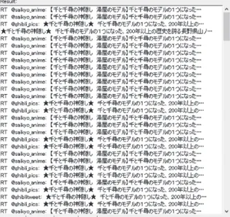 図 14　 「旅行 RT」に分類されたツイートの一部 「有名旅館」に関係するアニメ映画は 2001 年に公開されており，本研究以前の Twitter で のツイートは確認できないが，本研究期間より著しくツイート数が少ないとは考えにくい。 さらに「3.1 地域活性化の研究地域の選定」で述べたように，渋温泉は「MH」との共同企 画を機に観光客数が増加に転じている。 したがって，観光資源に対するツイートの量だけでは観光地の活性化に影響を与える大き な要因にはなりえないということである。特に「有名旅館」に関するツイ