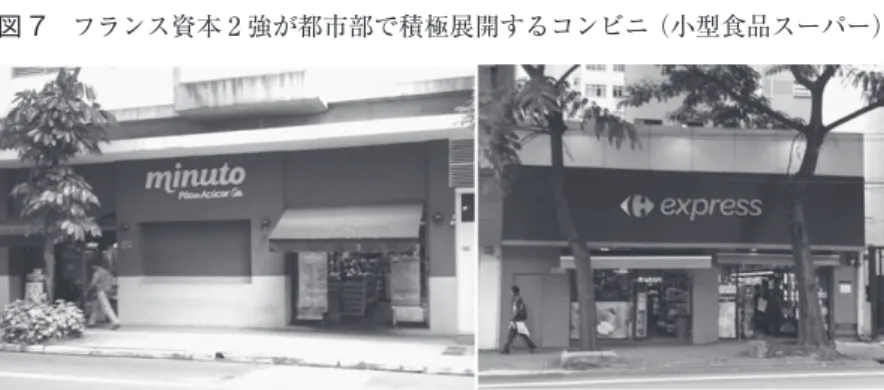 図 7　フランス資本 2 強が都市部で積極展開するコンビニ（小型食品スーパー） 　注）左は黄緑の外観のカジノ傘下ミヌト・ポン・ヂ・アスーカル（Minuto Pão de Açúcar），右はオレンジの外観のカルフール・エクスプレス。 2,800 から 2,600SKU に，生鮮の品揃えを 800 から 1,000SKU というように生鮮重視を打ち出 した。 　さらに，ミニ・メルカード・エクストラという新たな小型業態では，ブラジル最大の市場 規模を有する南東部において重視し，2015 年にはサンパウロ州を中心