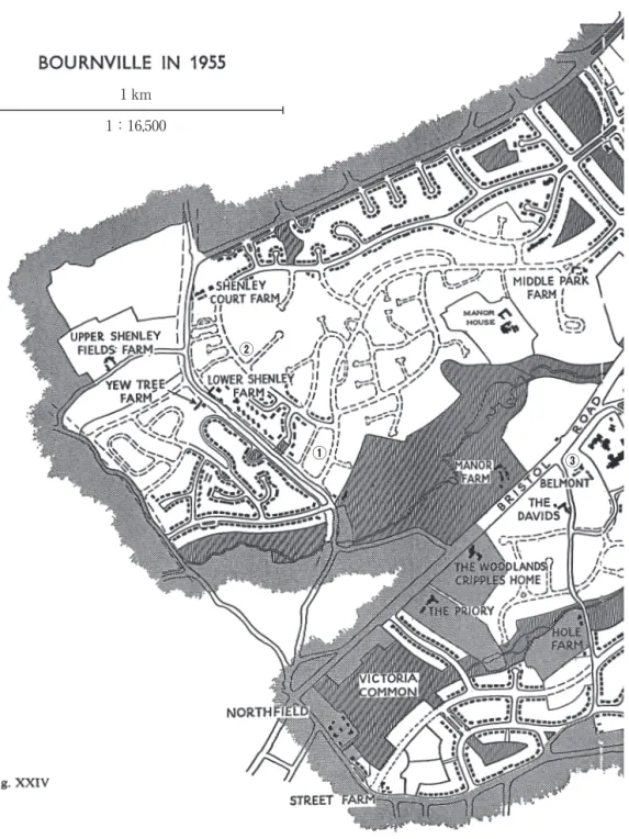 図 1　ボーンヴィル・エステートにおける近年の住宅地開発 原図は，Bournville Village Trust （1955, pp. 80-81, Fig. XXIV）