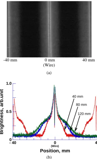 Figure 7. Typical image of a pulsed streamer discharge  for a 40 mm wire-to-wire distance (a), and dependence of  the discharge emission brightness on position for different  wire-to-wire distances