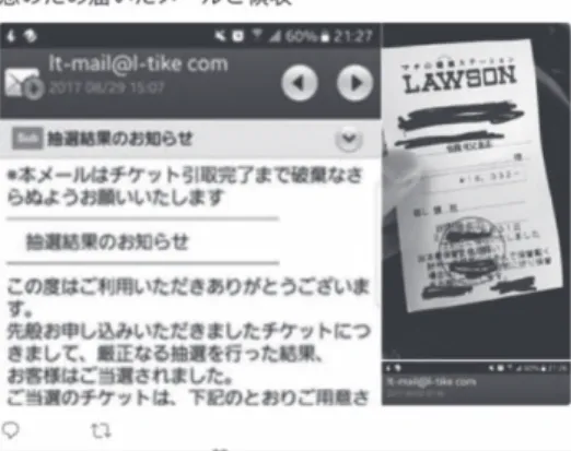 図 3. 7　領収書と当選通知メールをあげた投稿者の Twitter キャプチャー 34） 〈企業側の対応〉 　ローソンでは直ちに調査を開始し，当該期間においてシステム障害や入金後のキャンセル は発生していないこと，レシートに記載されている該当店舗でのチケット購入（入金）がな いことを把握し，投稿者の虚偽による自作自演であると判断した。 　Twitter 上での反響を受け，メディアからの問い合わせが入るようになった。ローソンチ ケットを運営する株式会社ローソン HMV エンタテイメント 35） は，「SNS