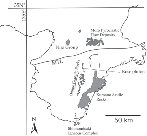 Figure 1　Index map of the Middle Miocene igneous rocks in Kii Peninsula.